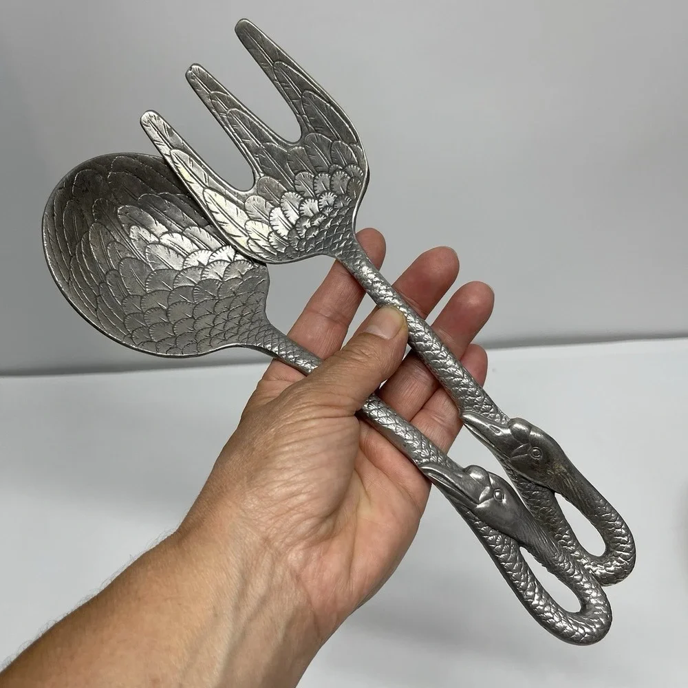 Goose Swan Head Feather Detail Salad Servers Fork & Spoon Set Cast Aluminum 11
